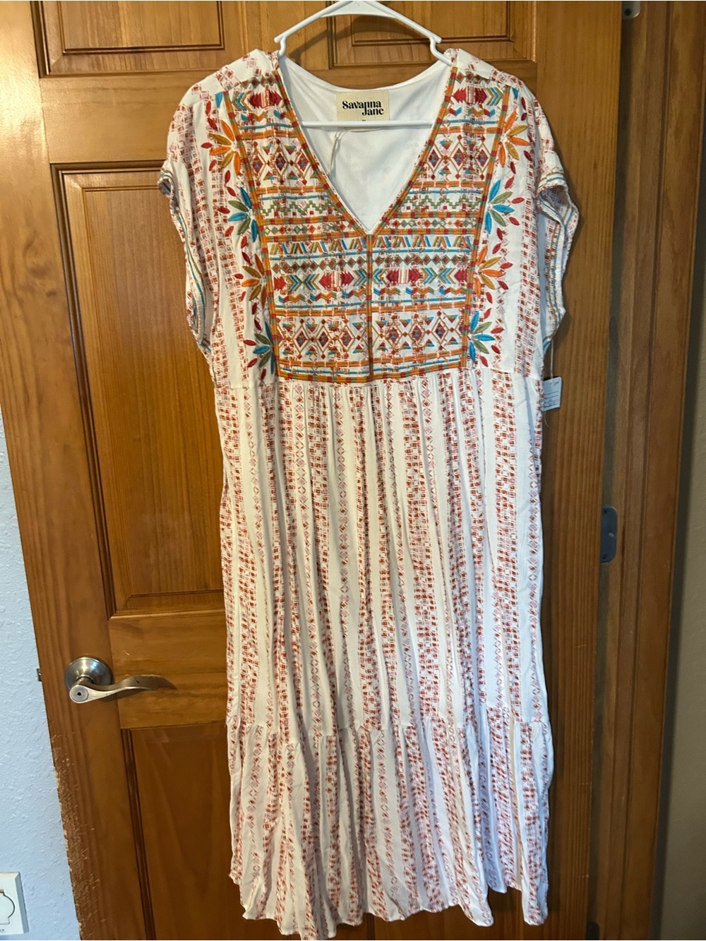 Savanna Jane White Maxi Dress with Orange, Teal and Red Embroidery